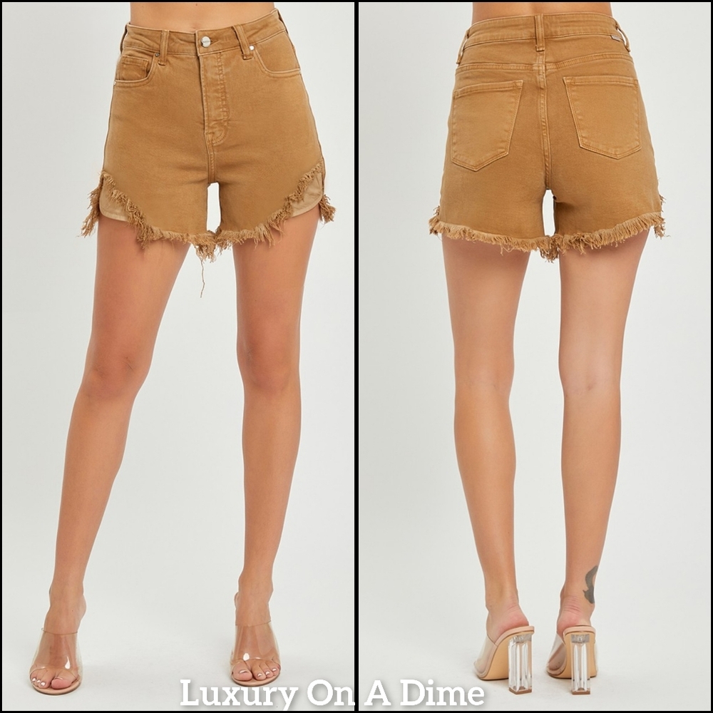 RISEN Cutoff High Rise Waist Distressed Moca Denim Frayed Mid-length Jean Shorts - Picture 2 of 16